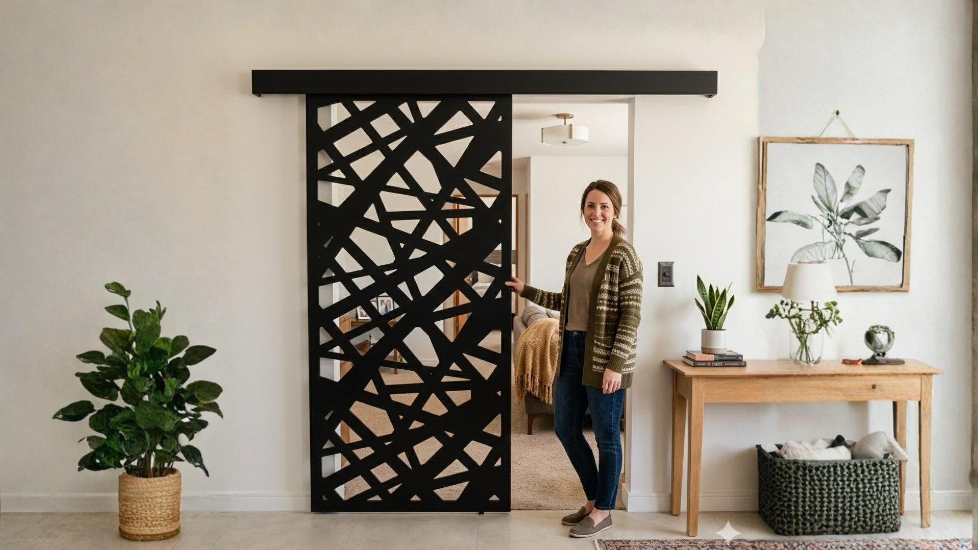 Puerta corrediza decorativa con panel calado